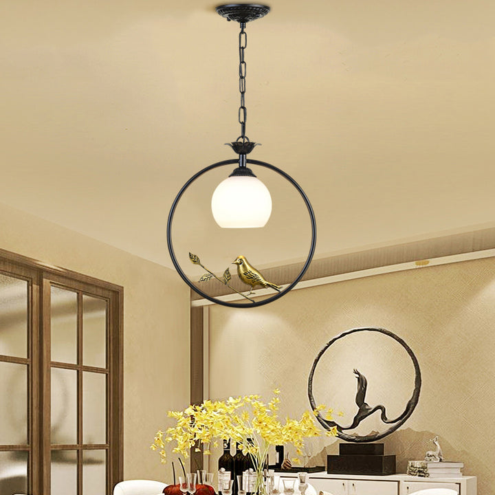 Traditionelle Vintage Eisenring Vogel Dekor Blume Glasschirm 1-Licht Pendelleuchte für Wohnzimmer 