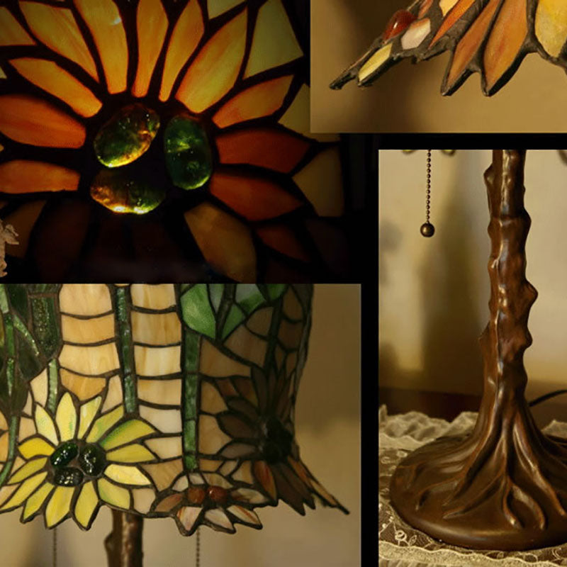 Traditional Tiffany Sunflower Zinc Alloy Stained Glass 2-Light Table Lamp For Bedroom