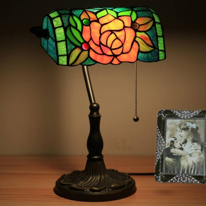 Traditional Tiffany Blooming Flowers Stained Glass 1-Light Bank Table Lamp for Living Room