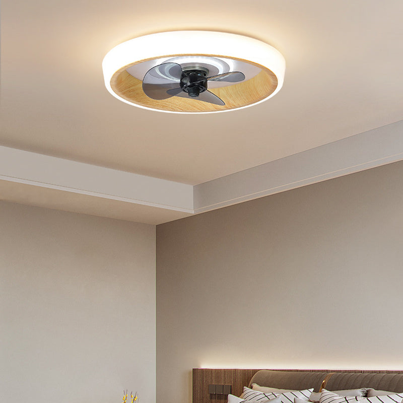 Modern Minimalist Round Wood Grain Aluminum Acrylic LED Flush Mount Ceiling Fan Light For Bedroom