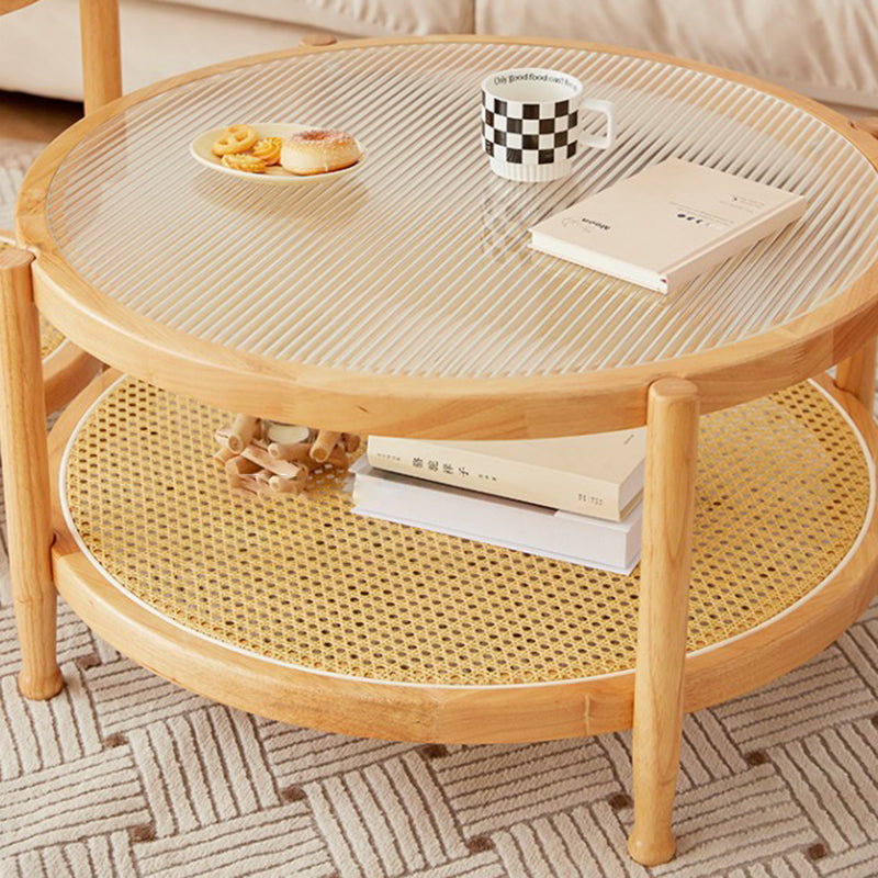 Table basse ronde minimaliste moderne en hévéa avec plateau en verre et faux rotin, à 2 niveaux, pour salon 