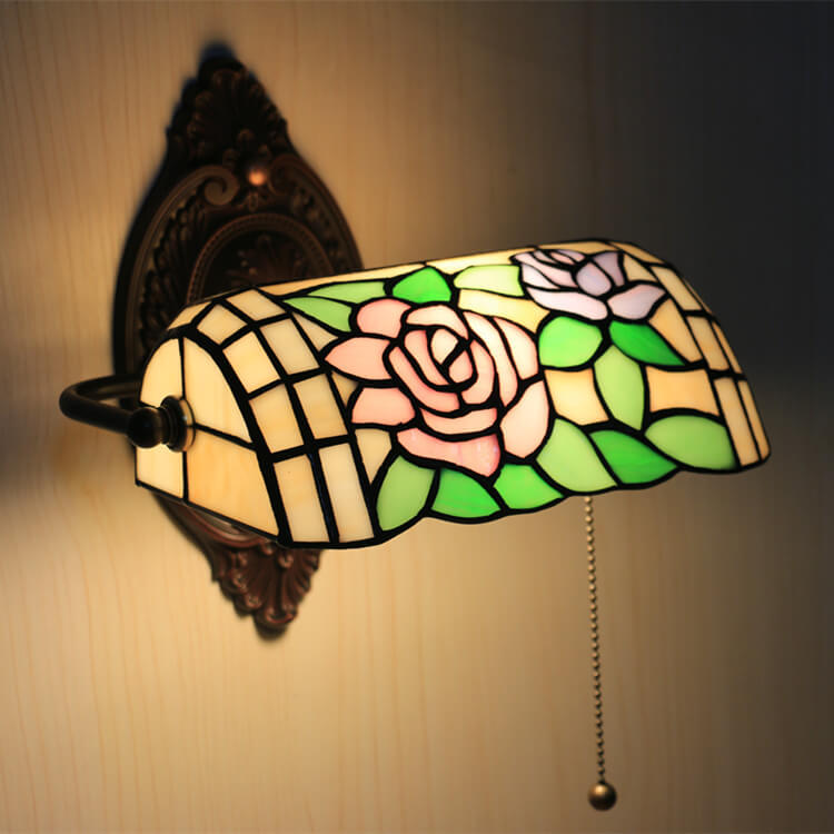 Traditional Vintage Tiffany Floral Stained Glass 1-Light Zipper Wall Sconce Lamp For Living Room