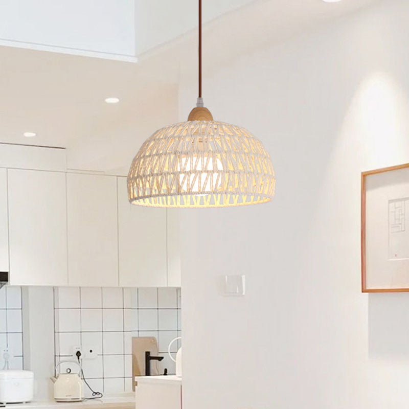 Traditional Japanese Half Round Solid Wood Rattan 1-Light Pendant Light For Living Room