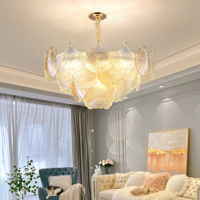Lustre à 6/9 lumières en verre et fer avec feuille de ginkgo traditionnel français pour salon 