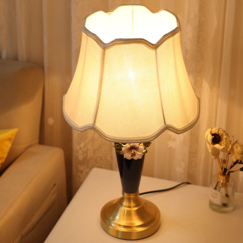 Vintage European Ceramic Floral Pleated Fabric 1-Light Table Lamp