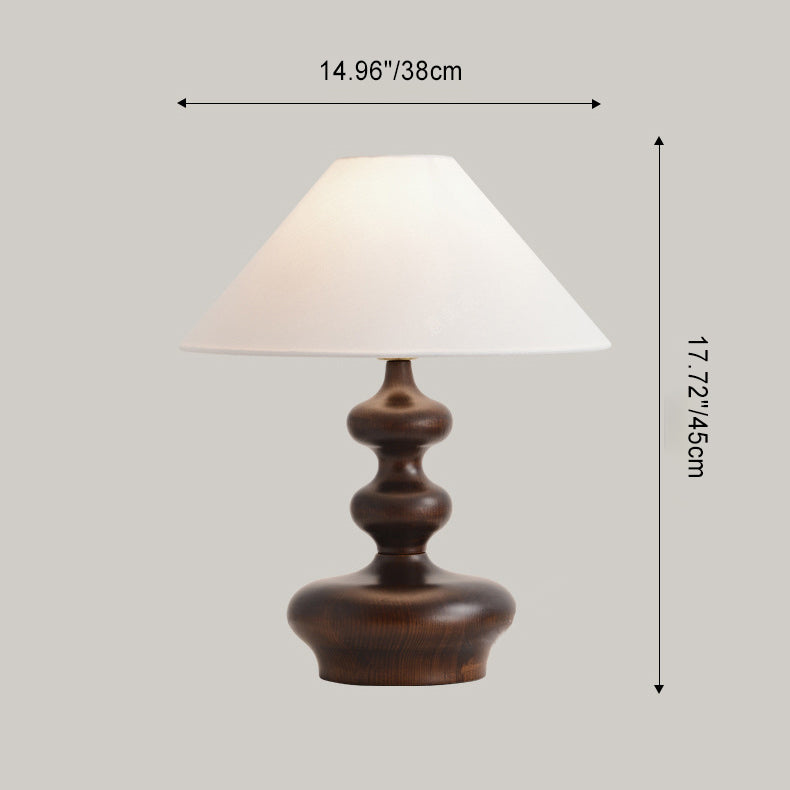 Lámpara de mesa contemporánea retro de madera de fresno y lino con pantalla trapezoidal redonda de 1 luz para dormitorio 