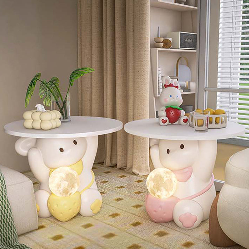 Moderner Art Deco Kinderhasen-Rundteller Rechteckige Schublade Harz Holz Emaille Nachttisch mit 1 Schublade und LED-Licht für das Schlafzimmer 
