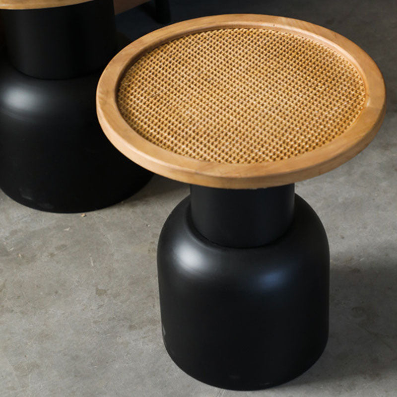 Traditional Vintage Round Rattan Iron Pine Coffee Table 1-Tier For Living Room