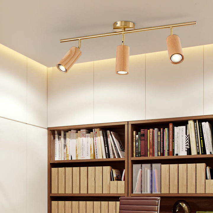 Modern Minimalist Walnut Wood Spotlight Linear Track Rubberwood Iron LED Semi-Flush Mount Ceiling Light for Living Room