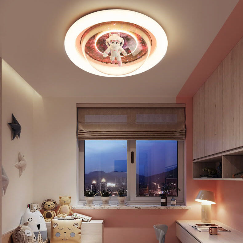 Contemporary Creative Cartoon Pink Astronaut Unicorn Round Acrylic Resin LED Flush Mount Ceiling Light For Bedroom