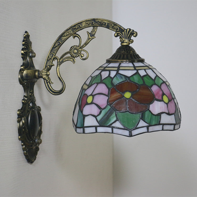 Lámpara de Aplique de Pared de 1 Luz con Vidrio de Tiffany Tradicional de Flor de Aleación de Zinc y Hierro para Sala de Estar 