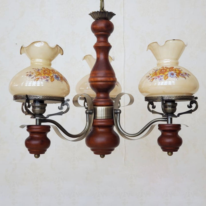 Chandelier traditionnel rustique en fer à fleurs rondes en bois massif à 3 lumières pour salon 