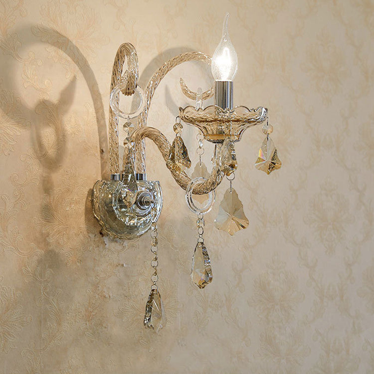 Traditionelle europäische Glaskristall-Kandelaber-Hardware 1/2-Licht-Wandleuchter-Lampe für Wohnzimmer 