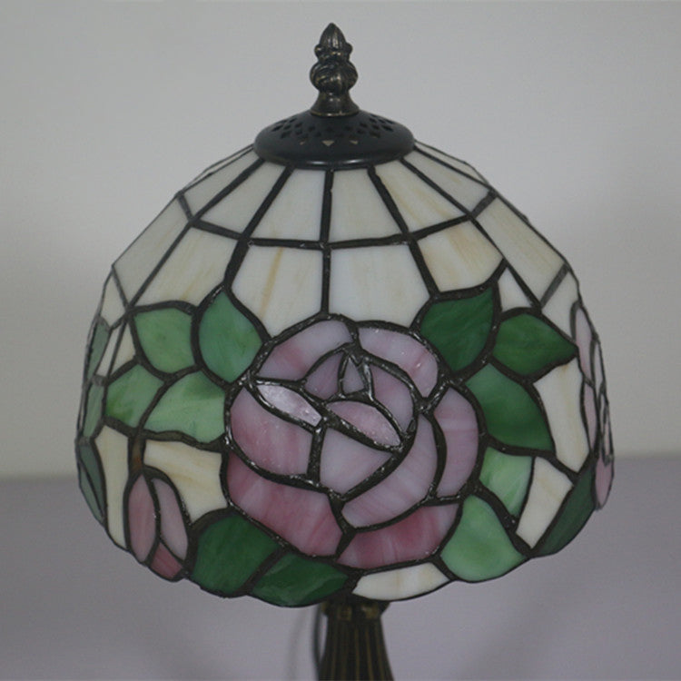 Lampe de table à 1 lumière avec abat-jour en vitrail de fleur de rose Tiffany traditionnel et base en alliage de zinc pour étude 