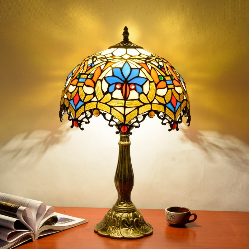 Traditional Vintage Flower Gemstone Stained Glass 1-Light Table Lamp For Living Room