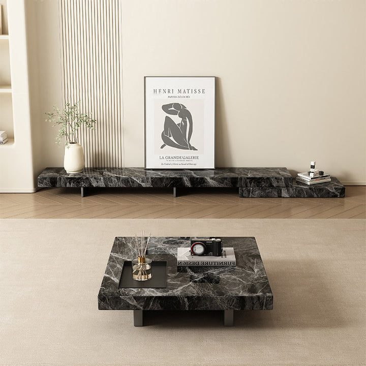 Modern Simplicity Square Stone Slab Carbon Steel Coffee Table 1-Tray For Living Room