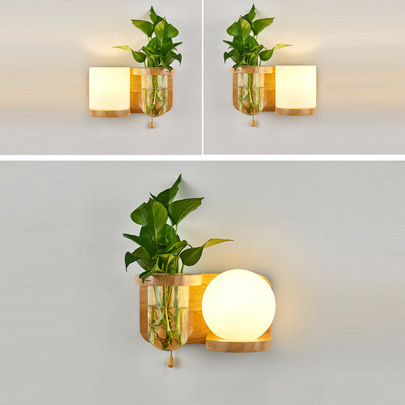 Moderne minimalistische rechteckige Zylinder Orb Glas Holz 1-Licht Wandleuchte Lampe für Wohnzimmer 