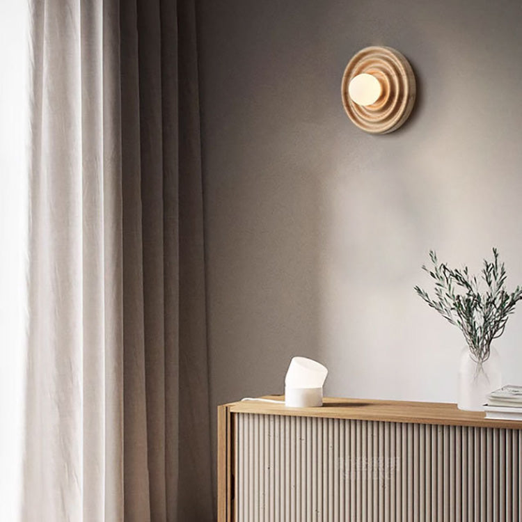 Traditionelle japanische Wabi-Sabi Holz Wachstumsring Glaskugel Schatten 1-Licht Wandleuchte Lampe für Schlafzimmer 