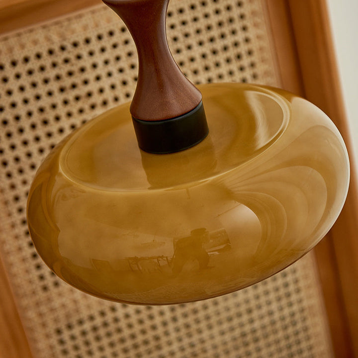 Zeitgenössische Retro Holz Eisen Glas Trommel Runde 1-Licht Pendelleuchte Für Esszimmer 