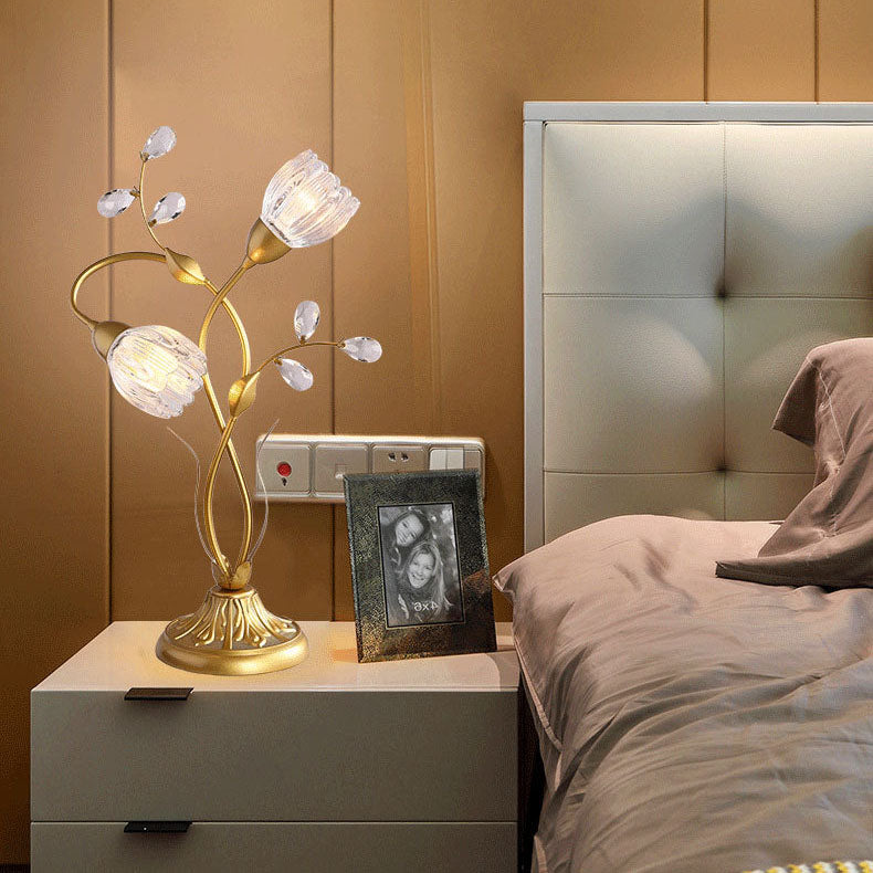 Moderne Art Deco Blumen Eisen Glas 2-Licht Tischlampe für Wohnzimmer 