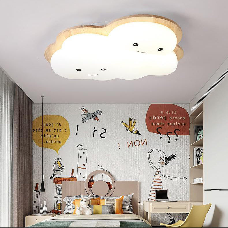 Modern Art Deco Airplane Clouds Moon Acrylic Wood LED Flush Mount Ceiling Light For Living Room