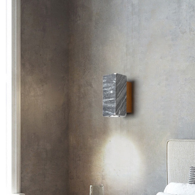 Modern Minimalist Round Stone Wood Cylinder Square 1-Light Wall Sconce Lamp For Bedroom