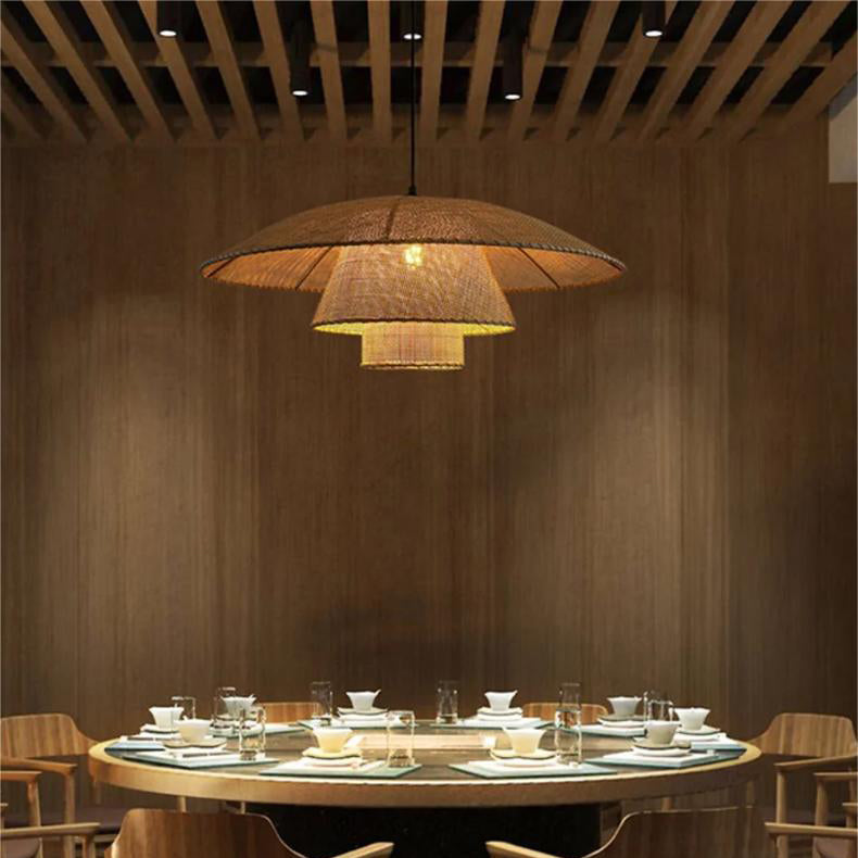 Traditioneller japanischer dreifacher runder Rattan-Kronleuchter mit 1 Licht für Wohnzimmer 