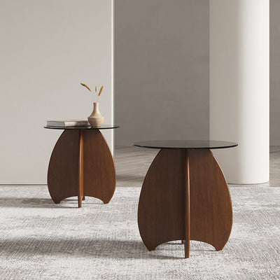 Table d'appoint ovale en verre trempé géométrique rétro contemporain avec base en bois pour salon 