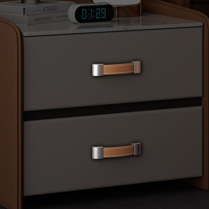 Modern Simplicity Rectangular Slab Saddle-Style Faux Leather Wood Nightstand 2-Drawer For Bedside