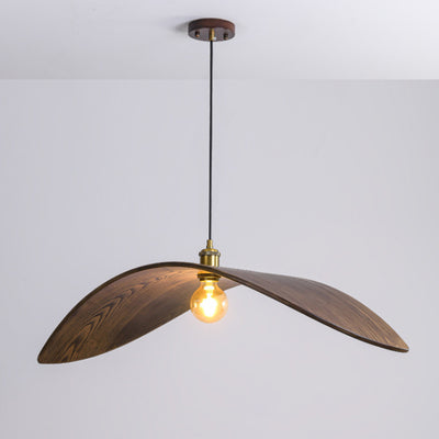 Traditionelle japanische Pendelleuchte mit 1 Licht und Walnussholzmaserung in Blattform für Esszimmer 