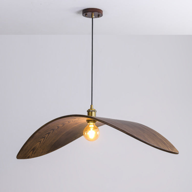 Traditionelle japanische Pendelleuchte mit 1 Licht und Walnussholzmaserung in Blattform für Esszimmer 