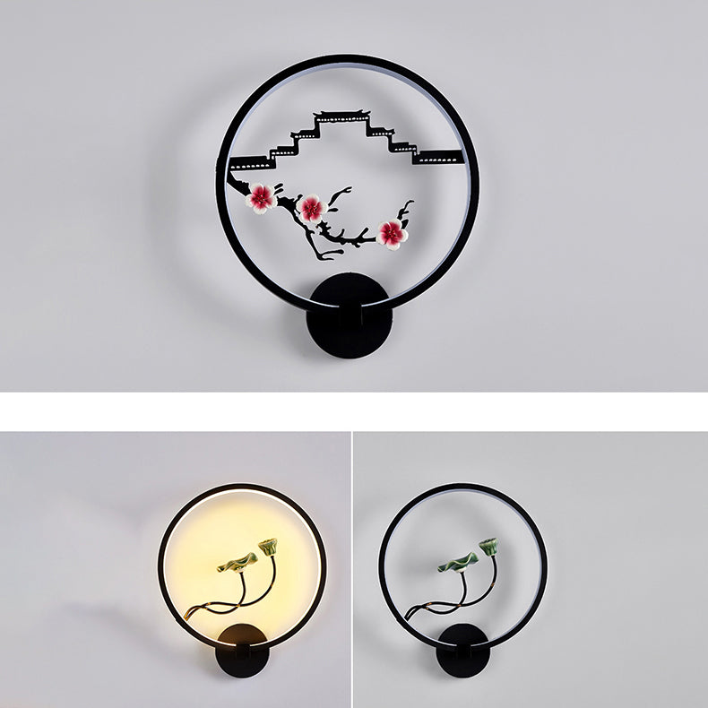 Traditionelle chinesische runde Pflaumenblüte Lotusblatt Aluminium Acryl LED Wandleuchte Lampe für Wohnzimmer 