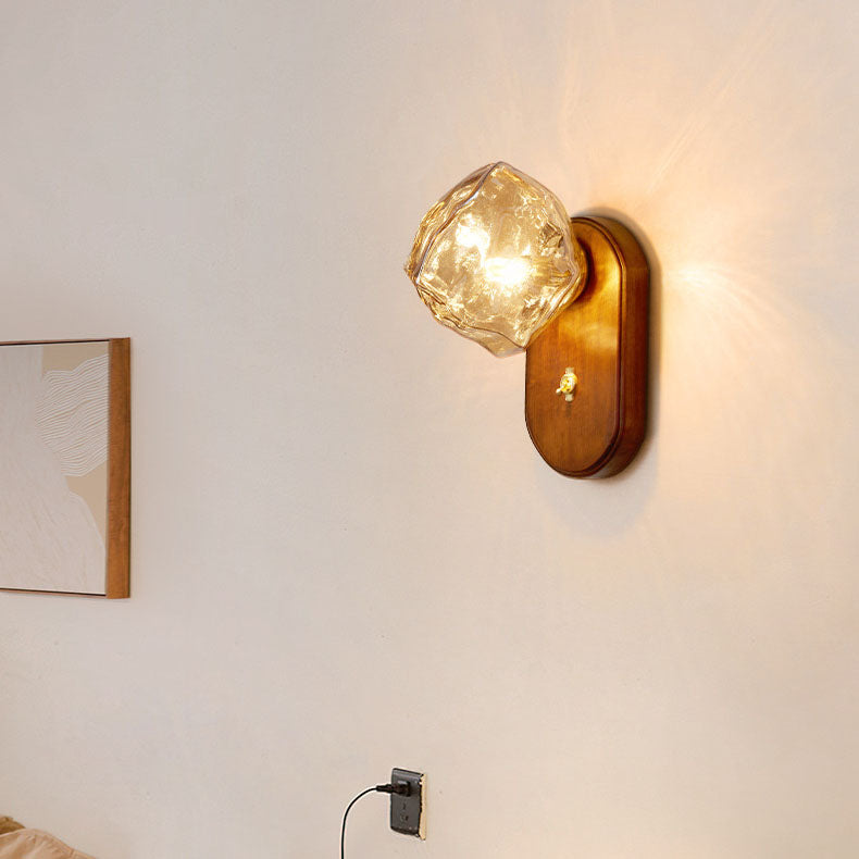 Traditional Japanese Oval Ice Cube Shape Solid Wood Glass 1-Light Wall Sconce Lamp For Bedroom