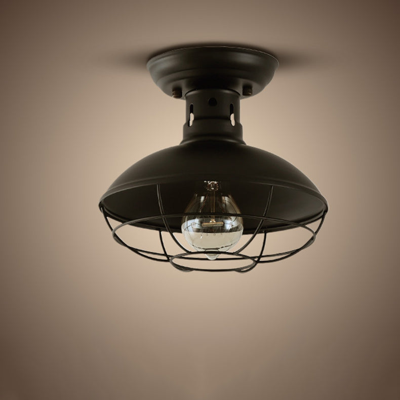 Contemporary Industrial Round Wire Mesh Iron 1-Light Semi-Flush Mount Ceiling Light For Living Room