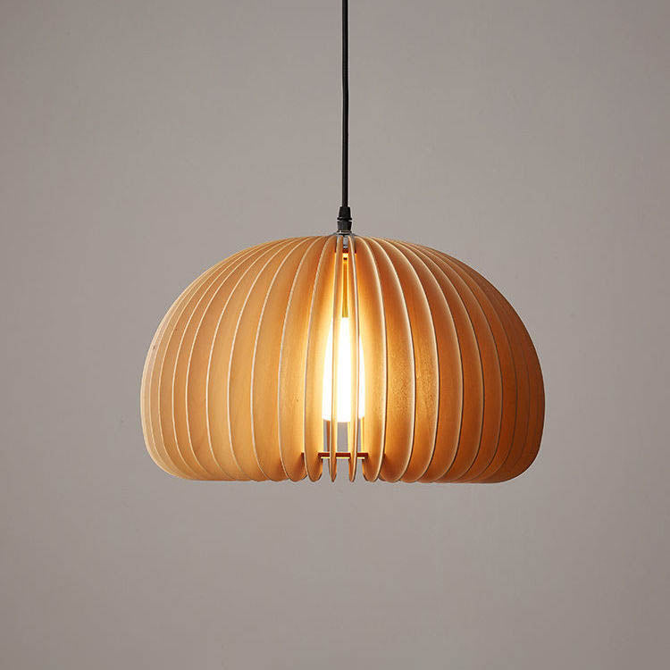 Traditional Japanese Iron Wooden Pumpkin Shape 1-Light Pendant Light For Living Room