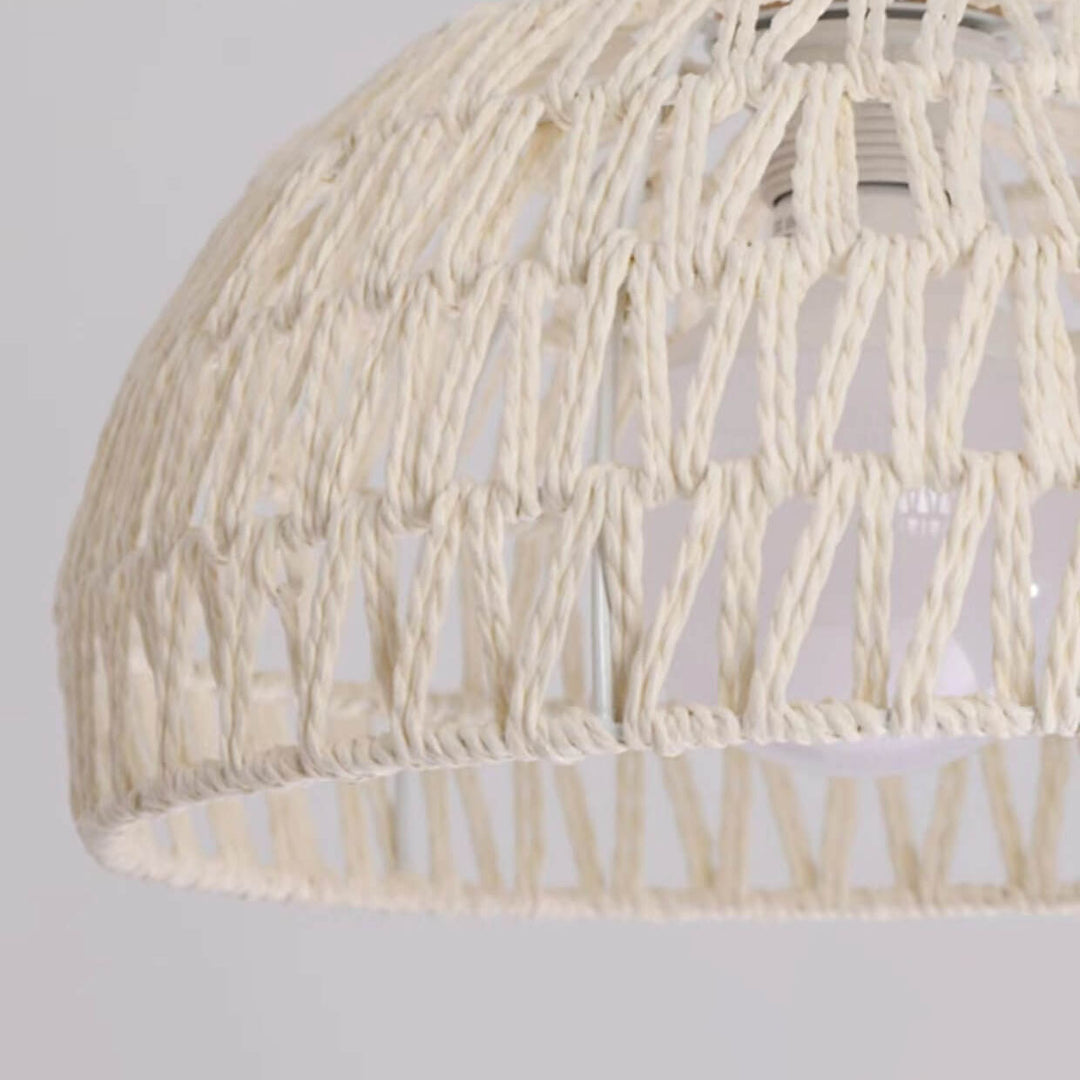 Contemporary Boho Rubberwood Faux Rattan Weaving Dome 1-Light Pendant Light For Dining Room