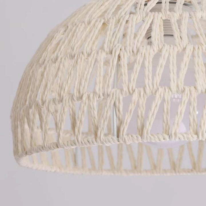 Contemporary Boho Rubberwood Faux Rattan Weaving Dome 1-Light Pendant Light For Dining Room