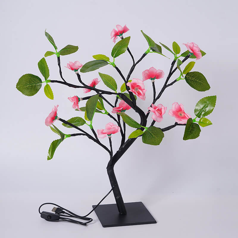 Modern Art Deco Simulation Peach Blossom Tree Green LED Tree Decoration Table Lamp For Bedroom