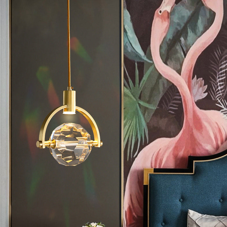 Modern Luxury Full Copper Circle Ring Crystal Ball 1-Light Pendant Light For Living Room