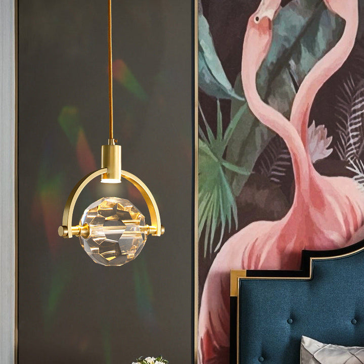 Modern Luxury Full Copper Circle Ring Crystal Ball 1-Light Pendant Light For Living Room