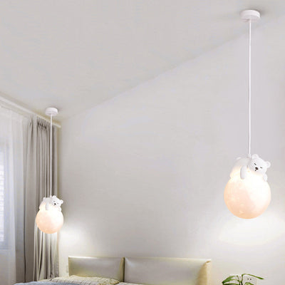 Zeitgenössische kreative PE Kugelschirm Harz Tier Kaninchen Bär Design 1-Licht Pendelleuchte für Wohnzimmer 