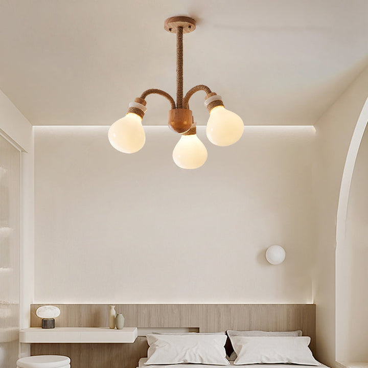 Zeitgenössischer skandinavischer Kronleuchter mit gebogener Stange, Hanfseil, Massivholz und Glas, 3/5/6 Lichter für das Wohnzimmer 