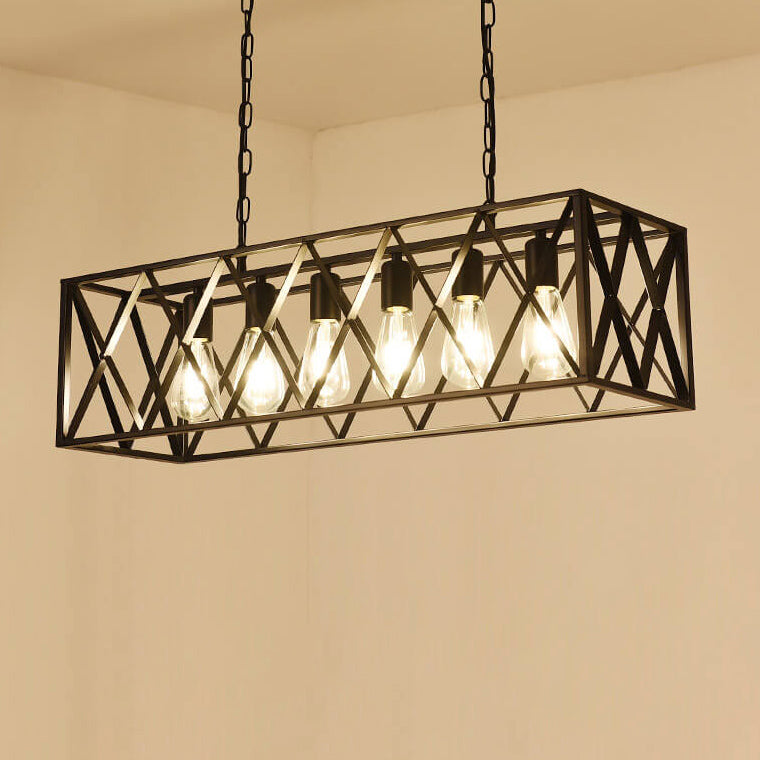 Lámpara de Araña de Jaula Geométrica Rectangular de Hierro Tradicional de 4/6 Luces para Comedor 