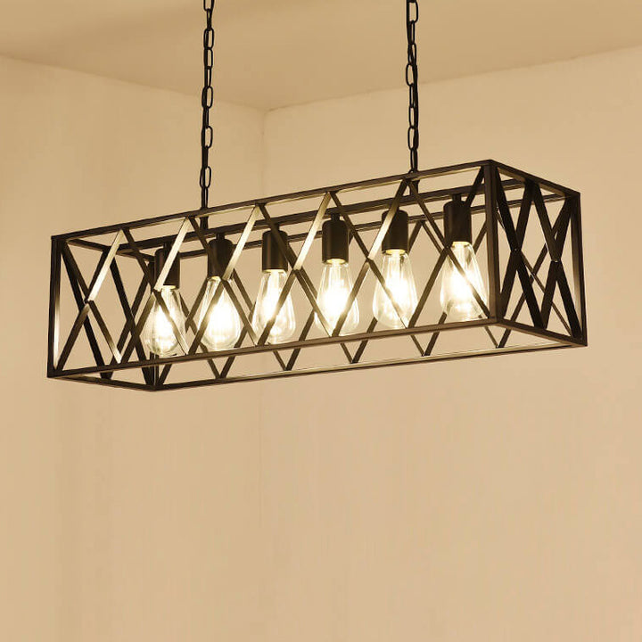 Lámpara de Araña de Jaula Geométrica Rectangular de Hierro Tradicional de 4/6 Luces para Comedor 