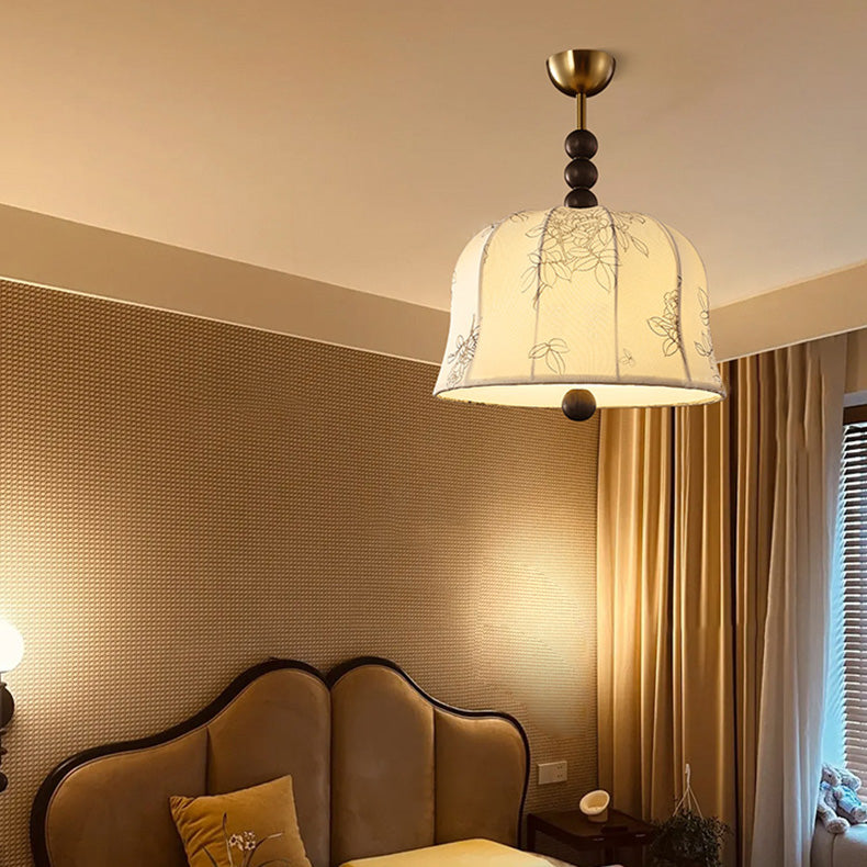 Lámpara colgante de 1 luz de tela floral redonda romántica francesa tradicional de madera y metal para dormitorio 