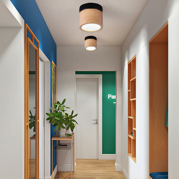 Plafonnier LED cylindrique en bois acrylique traditionnel japonais pour couloir 