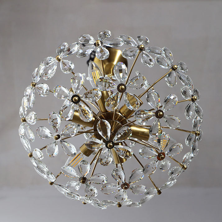 Traditional French Floral Full Brass Crystal 6-Light Pendant Light For Living Room