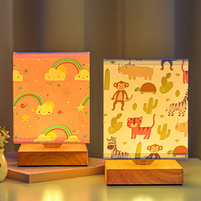 Zeitgenössische kreative Kinder rechteckige Massivholz Stoff LED Tischlampe für Schlafzimmer 