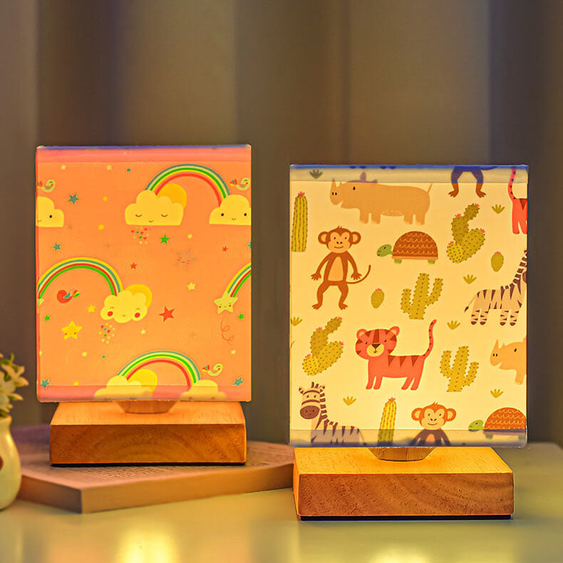 Zeitgenössische kreative Kinder rechteckige Massivholz Stoff LED Tischlampe für Schlafzimmer 