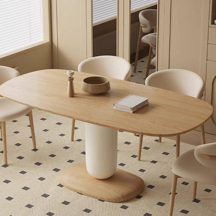 Traditional Japanese Elliptical Oak Wood Cat Scratch Leather Dining Table &amp; Chair Set For 4/6 Seats